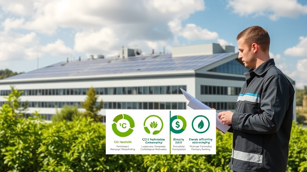 Ein Bild eines modernen Rechenzentrums mit Solarzellen auf dem Dach und grüner Vegetation im Vordergrund. Infografiken zeigen CO2-Neutralität und Energieeffizienz. Ein Mitarbeiter überprüft Zertifikate für nachhaltiges Webhosting.