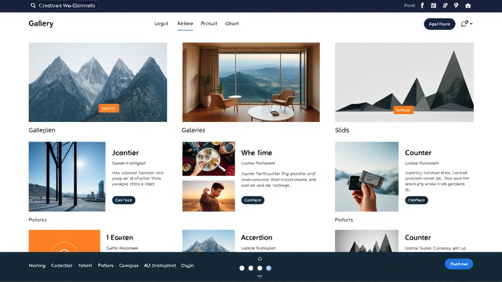Ein modernes Website-Design zeigt kreative Webelemente wie Galerien, Slider, Grids, Counter und Accordions. Diese Elemente verbessern die Benutzererfahrung und visuelle Anziehungskraft. Galerien präsentieren Bilder in ansprechenden Rasterlayouts, während Slider dynamische Inhalte mit Call-to-Actions darstellen. Grids sorgen für strukturierte Darstellungen, Counter visualisieren Statistiken und Accordions organisieren Informationen platzsparend.