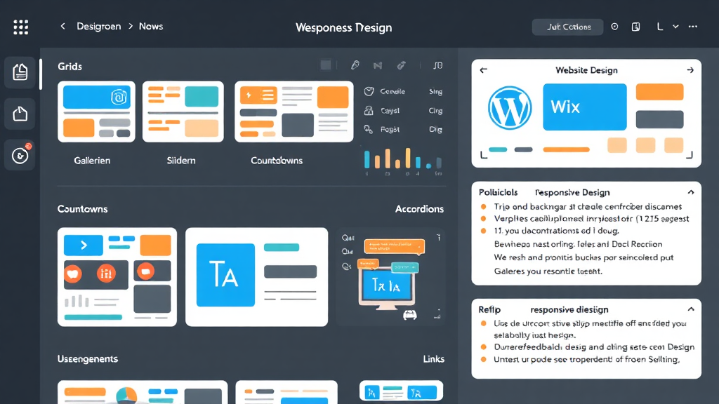 Ein kreatives Dashboard zeigt wichtige Webelemente für das Website-Design. Dazu gehören visuelle Darstellungen von Galerien, Slidern, Grids, Countdowns und Accordions. Links sind Screenshots von Drag-and-Drop-Website-Buildern wie Wix und WordPress abgebildet. Informationen zu responsive Design und Nutzerfeedback sind übersichtlich in Textblöcken angeordnet.