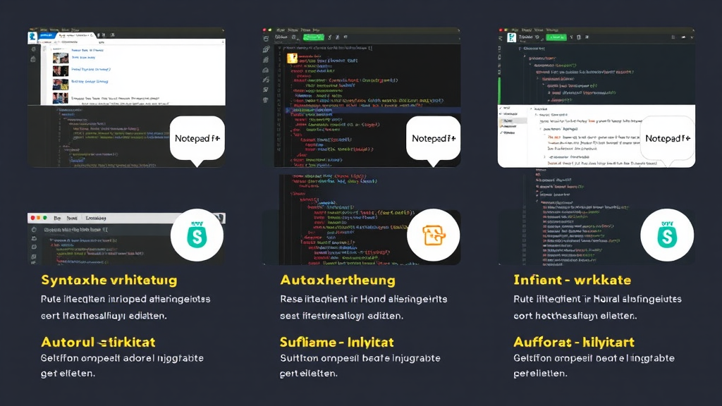 Ein Screenshot von verschiedenen HTML-Editoren, darunter Notepad++, Visual Studio Code und Sublime Text, zeigt ihre Benutzeroberflächen und Funktionen. Icons mit Syntaxhervorhebung und Autovervollständigung heben wichtige Merkmale hervor, während Bewertungen und Plattformkompatibilität die Auswahl erleichtern.