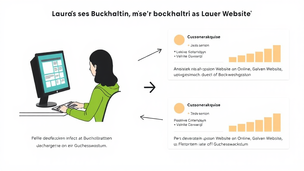 Ein Diagramm zeigt Lauras Erfolgsreise als Buchhalterin durch die Erstellung ihrer Website. Links ist ein Bild von Laura am Computer zu sehen, während sie ihre neue Website gestaltet. Rechts sind Grafiken, die den Anstieg der Kundenakquise und positive Kundenbewertungen darstellen. Pfeile verdeutlichen den direkten Einfluss der Online-Präsenz auf ihr Geschäftswachstum.