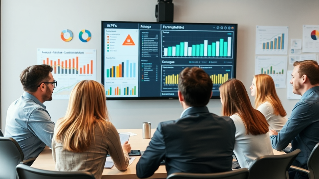 Ein Geschäftsmeeting zeigt ein Team, das Fortschritte in einem Projekt analysiert. Auf einem großen Bildschirm sind KPIs wie Umsatz und Kundenzufriedenheit dargestellt. Teilnehmer diskutieren angeregt über Datenanalysen. Flipcharts und Notizen unterstreichen die Wichtigkeit der Überwachung des Unternehmenswachstums.