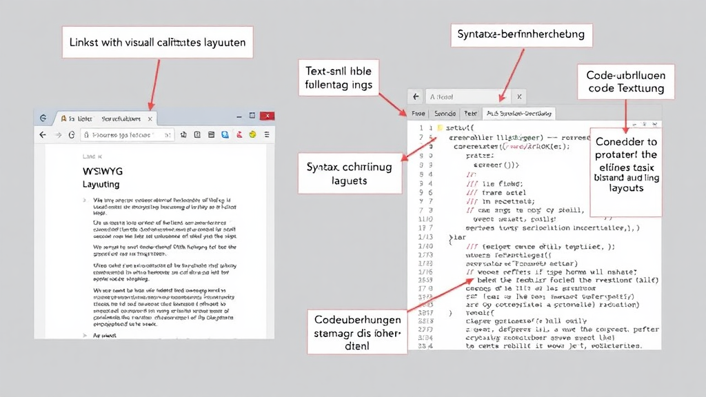 Ein Screenshot zeigt verschiedene HTML-Editoren in Aktion, darunter WYSIWYG- und Code-Editoren. Links wird ein visuell gestaltetes Layout sichtbar, während rechts der Code in einem Texteditor bearbeitet wird. Symbole und Beschriftungen erläutern die Funktionen wie Codeüberprüfung und Syntaxhervorhebung.