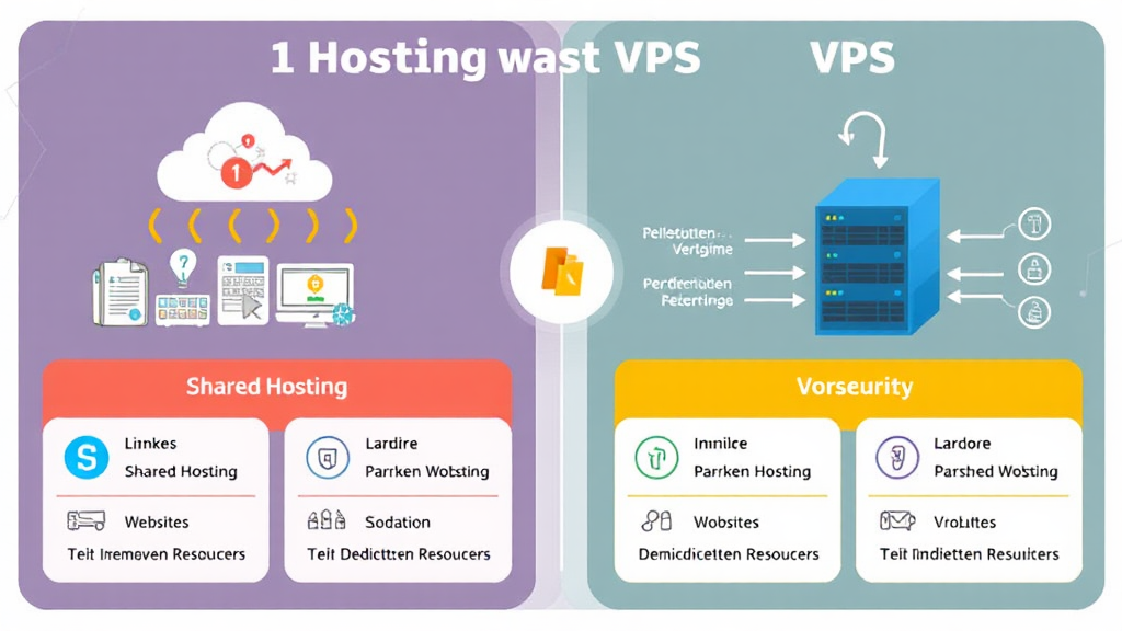 Eine informative Infografik veranschaulicht die Unterschiede zwischen Shared Hosting und VPS. Links werden Shared Hosting-Ressourcen mit mehreren Websites gezeigt, während rechts ein VPS mit dedizierten Ressourcen abgebildet ist. Grafiken und Symbole verdeutlichen die Vorzüge der beiden Hosting-Modelle, insbesondere in Bezug auf Performance und Sicherheit.