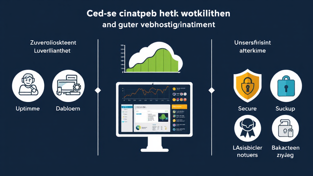 Ein informatives Bild zeigt die wichtigsten Merkmale eines guten Webhosting-Anbieters. Links sind Symbole für Zuverlässigkeit und Uptime abgebildet, während ein Diagramm die Server-Performance darstellt. In der Mitte befindet sich eine Benutzeroberfläche mit einem Dashboard, das Benutzerfreundlichkeit symbolisiert. Rechts stehen Sicherheitselemente wie ein Schlosssymbol und Backup-Icons, die den Schutz der Daten verdeutlichen.