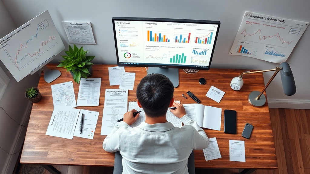 Ein beschreibendes Layout zeigt eine Person, die an einem Schreibtisch sitzt und eine Marktforschung durchführt. Um sie herum sind Diagramme, Umfrageformulare und digitale Tools wie Google Trends sichtbar. Auf einem Monitor sind Markttrends und Wettbewerbsanalysen zu sehen, während Notizen über Geschäftsideen auf dem Tisch liegen. Eine Atmosphäre der Konzentration und Kreativität wird vermittelt.