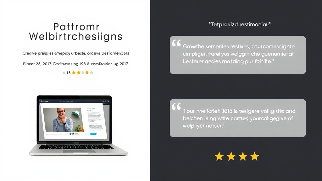 Ein stilvolles Portfolio eines Webdesigners zeigt kreative Projekte und positive Kundenbewertungen. Links steht ein Laptop, auf dem ein Fachartikel abgebildet ist. Rechts sind Testimonials in Sprechblasen angeordnet, die Vertrauen und Professionalität ausstrahlen. Grafische Elemente wie Sterne symbolisieren Kundenfeedback und Zufriedenheit.