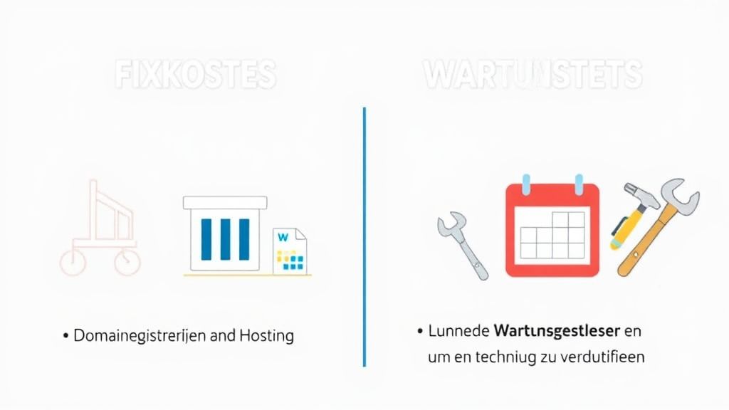 Ein Grafikerstellung zeigt die Unterschiede zwischen Fixkosten und Wartungskosten für Websites. Links symbolisieren Icons für Domainregistrierung und Hosting die Fixkosten. Rechts werden laufende Wartungskosten mit einem Kalender und Werkzeugen dargestellt, um technische Pflege zu verdeutlichen. Eine klare Kostenübersicht hilft bei der finanziellen Planung.