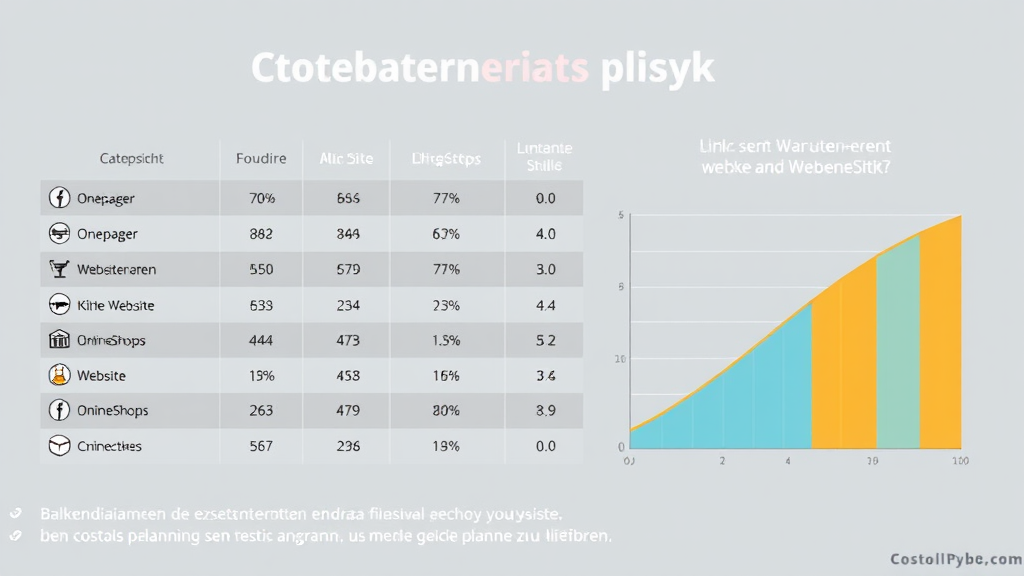 Ein Infografik-Diagramm zeigt die Kostenübersicht nach Webseitentyp. Links sind verschiedene Webseitenarten aufgelistet, darunter Onepager, kleine und große Webseiten sowie Online-Shops. Neben jeder Kategorie stehen Fix- und Wartungskosten in Euro. Grafische Icons illustrieren den Einsatzbereich jeder Webseite, während ein Balkendiagramm die Kostenentwicklung visuell darstellt, um eine klare finanzielle Planung zu erleichtern.