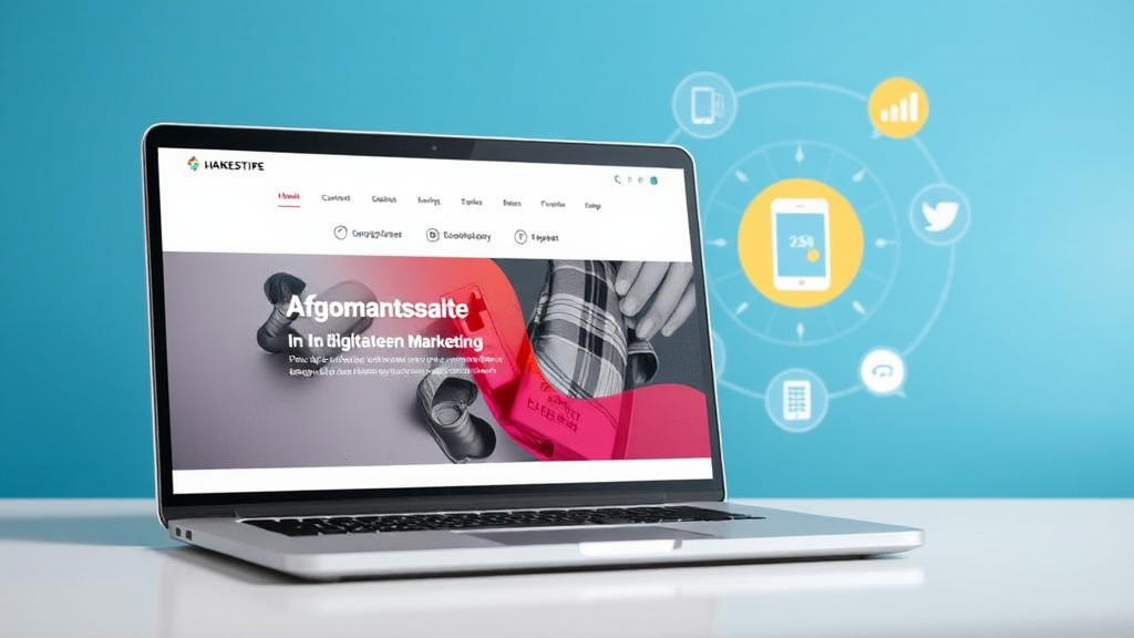 Eine moderne Website auf einem Laptop zeigt ein ansprechendes, responsives Design. Farbige Grafiken heben Anpassungsfähigkeit und aktuelle Trends im digitalen Marketing hervor. Im Hintergrund symbolisieren Symbole wie ein Smartphone und Sprachassistenten die Technologien, die die Nutzererfahrung verbessern.