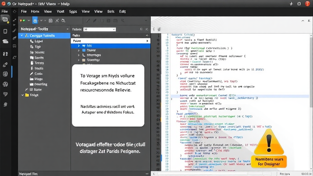 Ein Screenshot von Notepad++ zeigt die Benutzeroberfläche des Codes Editors mit einem geöffneten Code-File. Links sind einige angepasste Toolbars sichtbar, während rechts ein Code-Abschnitt bearbeitet wird. Ein Hinweistext hebt die Vorzüge wie kostenlose Nutzung und ressourcenschonende Leistung hervor, während ein Warnsymbol die Nachteile wie begrenzte Unterstützung für Designer und Windows-Fokus anzeigt.