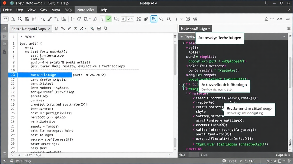 Ein Screenshot der Benutzeroberfläche von Notepad++, der den Code-Editor mit aktivierter Syntaxhervorhebung zeigt. Auf der linken Seite sind mehrere geöffnete Dateien sichtbar, während die Funktionen Autovervollständigung und Drag-and-Drop hervorgehoben werden. Das schlanke Design und die intuitive Oberfläche sind in der Darstellung gut erkennbar.