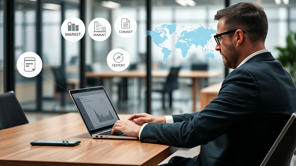 Ein Geschäftsmann sitzt an einem Schreibtisch und betrachtet eine graphisch gestaltete Website auf seinem Laptop. Um ihn herum sind Symbole von verschiedenen Marktsegmenten und geografischen Karten zu sehen, die die Erschließung neuer Kunden verdeutlichen. Der Hintergrund zeigt ein modernes Büro, das Professionalität ausstrahlt.