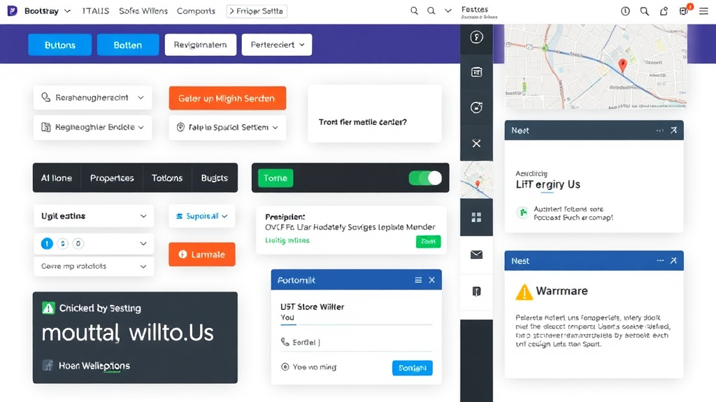 Collage von Bootstrap-Komponenten: Buttons, Navigationsleisten, Karten, Formulare, modale Fenster und Warnhinweise auf einer modernen Webseite.