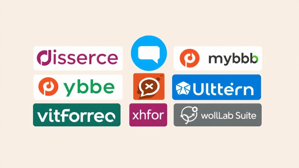 Collage von Logos beliebter Foren-Software wie phpBB, Discourse, MyBB, XenForo, vBulletin und WoltLab Suite, um die Auswahlmöglichkeiten für Online-Communities zu veranschaulichen.