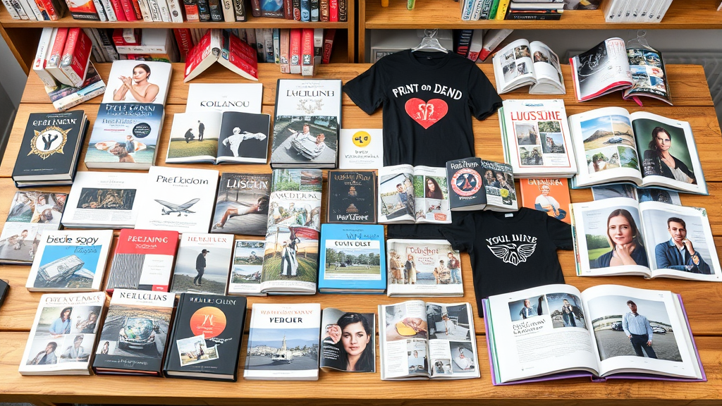 Collage von Print-on-Demand-Produkten, darunter Bücher, T-Shirts und Fotobücher, präsentiert auf einem Tisch mit Musterexemplaren zur Qualitätsprüfung.