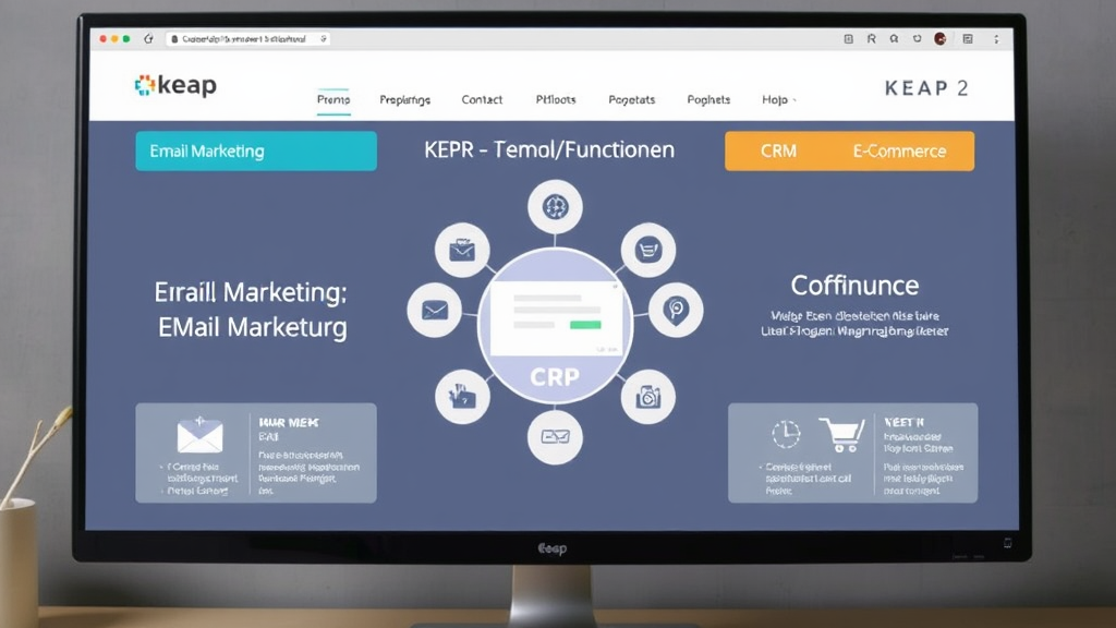 Darstellung der Keap-Plattform auf einem Computerbildschirm mit grafischen Elementen für E-Mail-Marketing, CRM und E-Commerce zur Visualisierung der Hauptfunktionen.