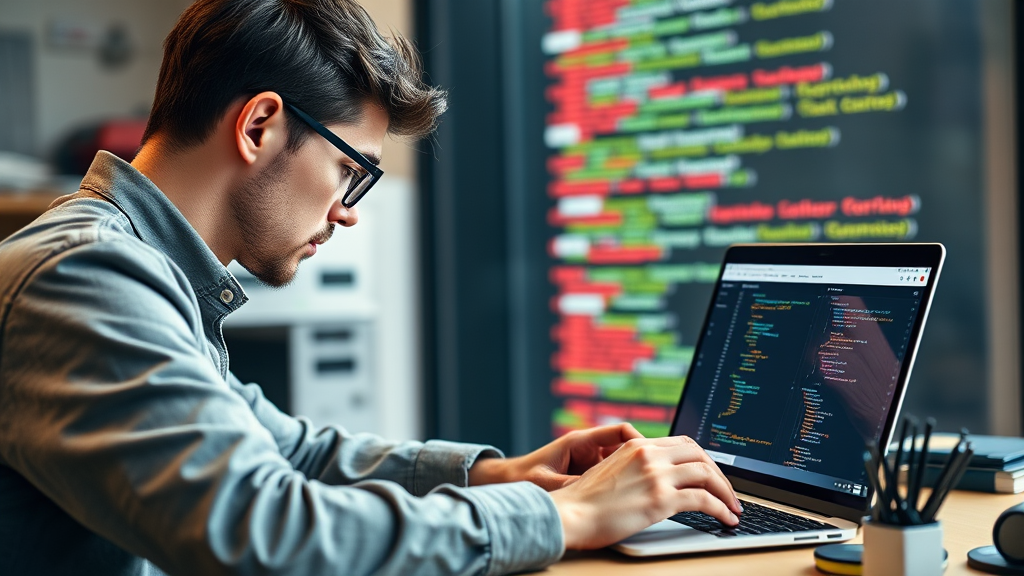 Entwickler arbeitet an einem WordPress-Theme, sichtbar sind Codezeilen in HTML, CSS und PHP sowie das responsive Design auf einem Bildschirm.