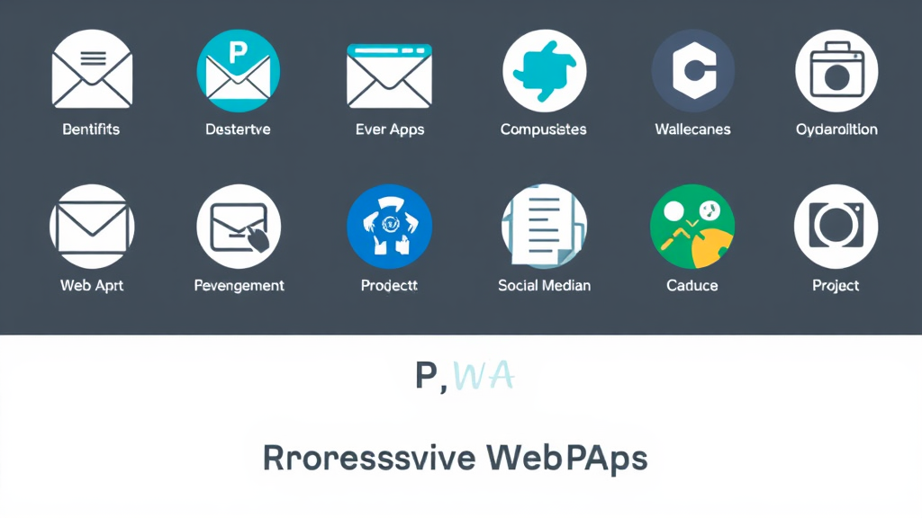 Grafik, die verschiedene Web-Apps wie E-Mail-Dienste, Projektmanagement-Tools und soziale Medien zeigt, sowie das Konzept von Progressive Web Apps (PWAs).
