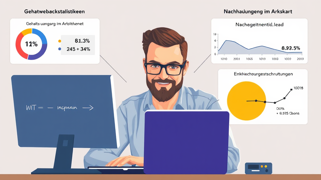 Grafik eines Webentwicklers, der am Computer arbeitet, umgeben von Diagrammen, die Gehaltsstatistiken und Nachfrageschwankungen im Arbeitsmarkt verdeutlichen.