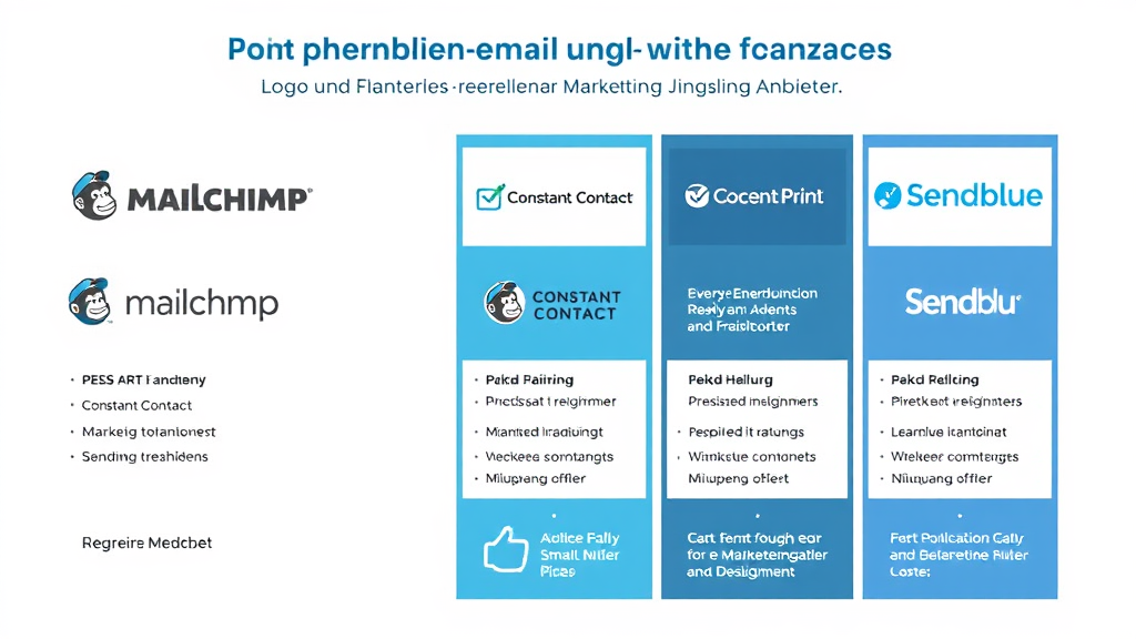 Grafik mit Logos und Funktionen führender E-Mail-Marketing-Anbieter wie Mailchimp, Constant Contact und Sendinblue, inklusive Preisgestaltungen und Dienstleistungen.