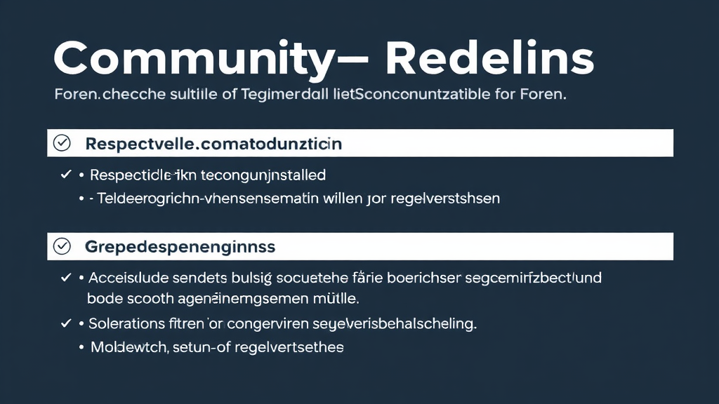 Grafik mit den wichtigsten Community-Richtlinien für Foren, darunter respektvolle Kommunikation, klare Verhaltensregeln und Moderationsstufen für Regelverstöße.