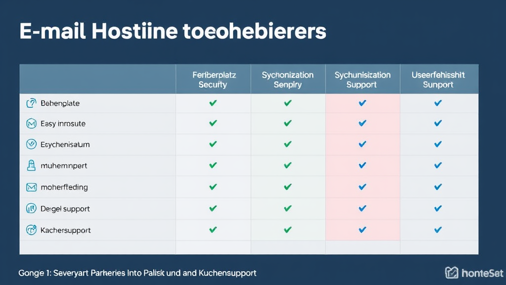 Grafik mit verschiedenen E-Mail-Hosting-Anbietern, die Aspekte wie Speicherplatz, Sicherheit, Synchronisation, Benutzerfreundlichkeit und Kundensupport vergleichen.