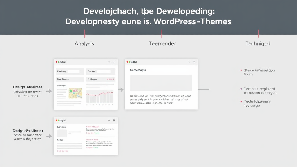 Grafische Darstellung des Entwicklungsprozesses eines WordPress-Themes, inklusive Zielgruppenanalyse, Design-Richtlinien und technische Überlegungen.