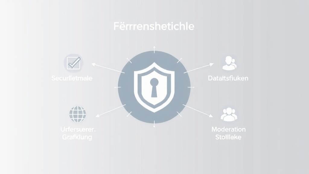 Grafische Darstellung einer Foren-Software, die Sicherheitsmerkmale wie 2FA, Datenverschlüsselung, Benutzer-Grafiken und Moderationstools hervorhebt.