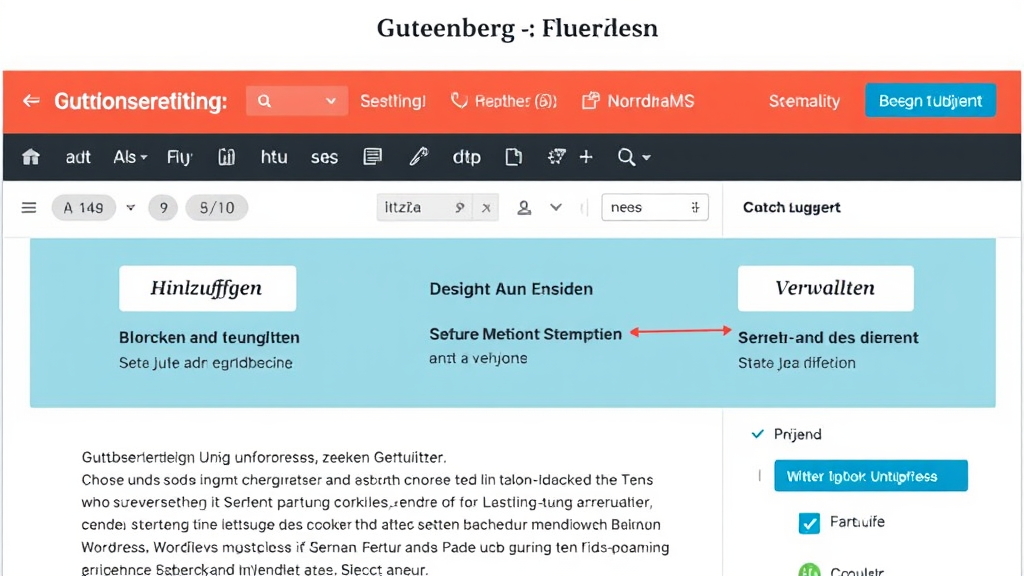 Illustration des Gutenberg-Editors in WordPress, die das Hinzufügen, Verwalten und Speichern von Blöcken für die Inhaltserstellung zeigt.