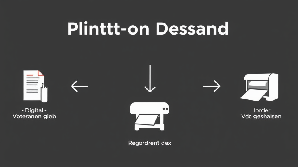 Illustration des Print-on-Demand-Prozesses: Digitale Vorlagen, Bestellung, Digitaldruck und Versand an den Kunden ohne Lagerhaltung.