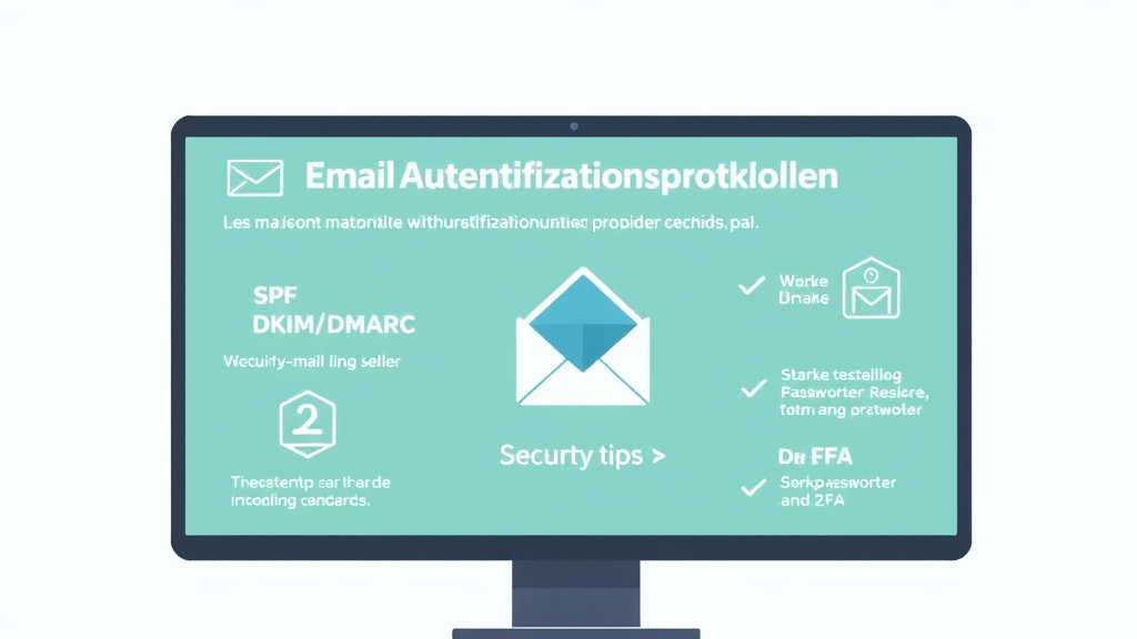 Illustration eines Computerbildschirms mit E-Mail-Authentifizierungsprotokollen (SPF, DKIM, DMARC) und Sicherheitstipps, wie starke Passwörter und 2FA.