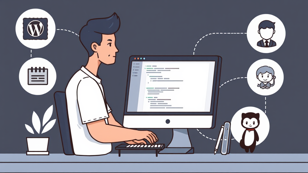 Illustration eines Entwicklers, der an einem Computer ein WordPress-Theme programmiert, umgeben von Icons für Tools wie DevKinsta, Visual Studio Code und GitHub.