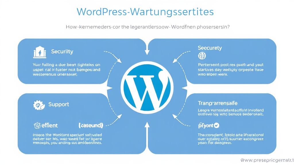 Illustration eines WordPress-Wartungsdienstes mit den Kernelementen: Sicherheit, Support, Anpassungsfähigkeit und transparente Preisgestaltung in einem übersichtlichen Diagramm.
