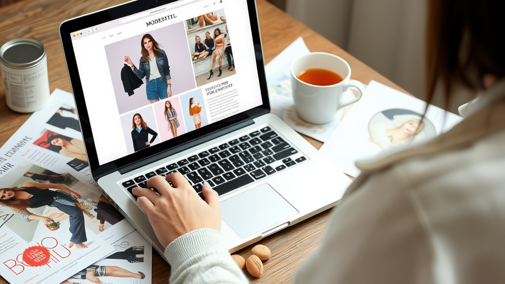 Person am Laptop, die an einem Modestil-Blog arbeitet, umgeben von Skizzen, Fashion-Magazinen und einer Tasse Tee, inspiriert von kreativen Ideen.