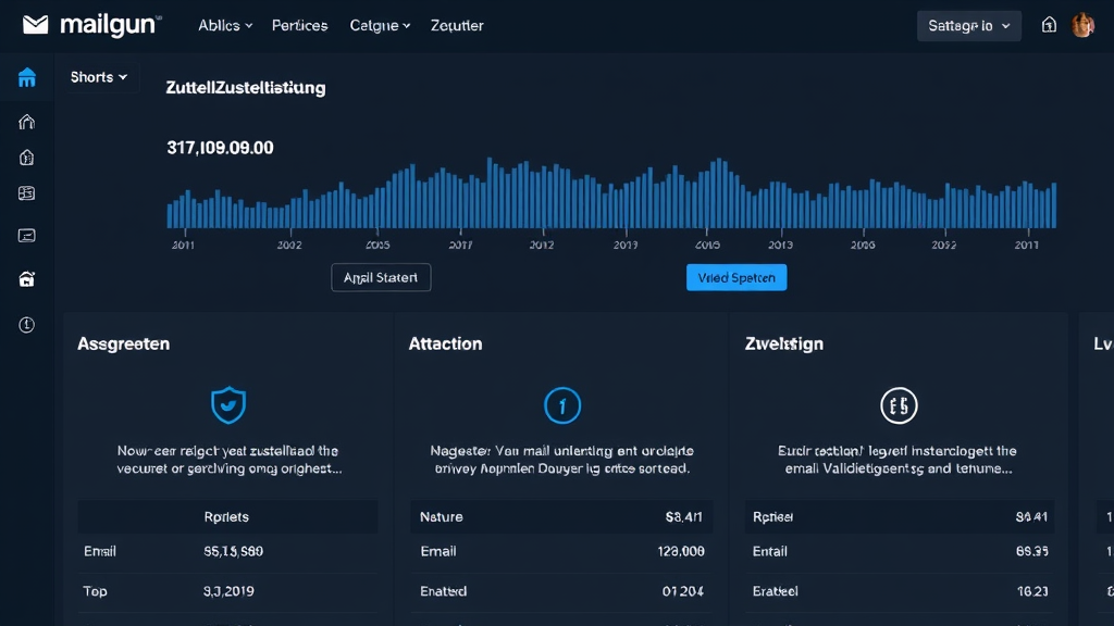 Screenshot der Mailgun-Oberfläche, die E-Mail-Zustellstatistiken, Echtzeit-Verfolgung, API-Integrationsoptionen und E-Mail-Validierungstools zeigt.