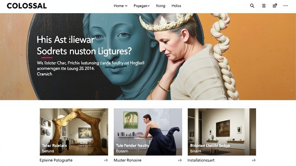 Screenshot der Website von Colossal, die Kunst- und Kulturanzeigen zeigt, einschließlich Malerei, Fotografie und Installationskunst.