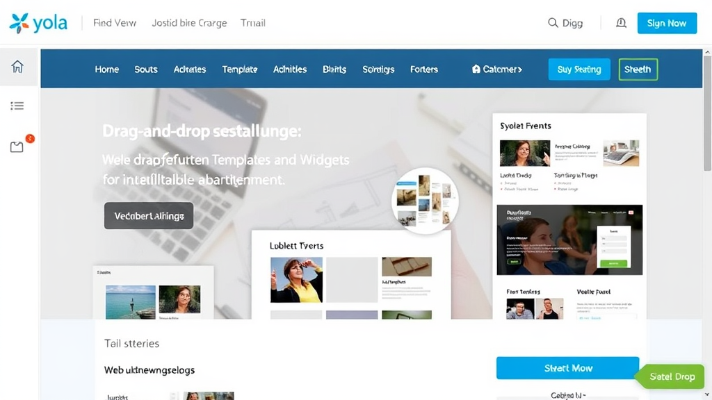 Screenshot der Yola-Oberfläche, die drag-and-drop-basierte Website-Gestaltung zeigt, mit vorgefertigten Templates und Widgets für individuelle Anpassungen.