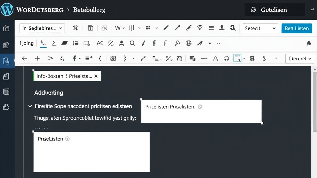Screenshot des Gutenberg-Editors in WordPress, der mit verschiedenen Plugins erweitert ist und zusätzliche Blöcke wie Info-Boxen und Preislisten zeigt.