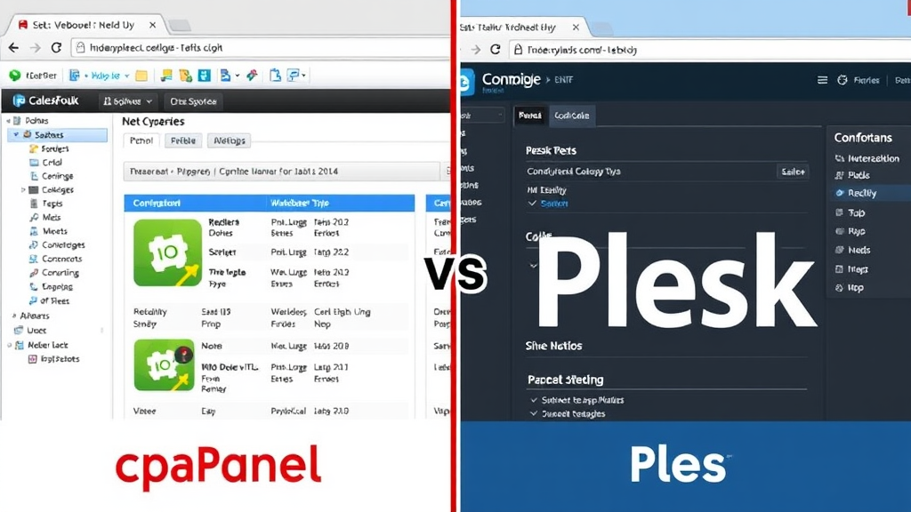 Screenshot von cPanel und Plesk, der die grafischen Benutzeroberflächen beider Webhosting-Kontrollpanels nebeneinander zeigt, um die Unterschiede hervorzuheben.