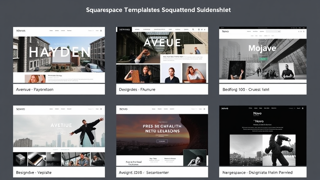 Screenshot von verschiedenen Squarespace-Templates, darunter Avenue, Hayden, Mojave, Bedford und Novo, die designorientierte Layouts für kreative und geschäftliche Websites zeigen.