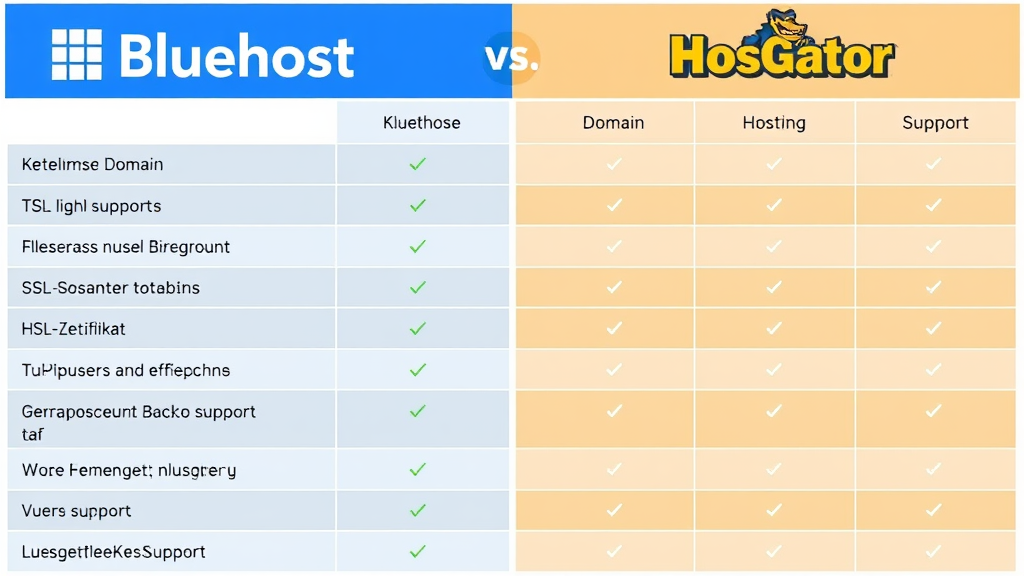 Vergleich von Bluehost und HostGator in einer Tabelle, die die wichtigsten Hosting-Funktionen wie kostenlose Domain, SSL-Zertifikat und Kundensupport hervorhebt.