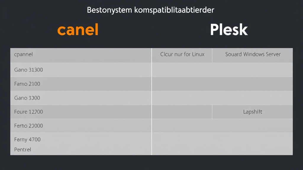 Vergleichstabelle von cPanel und Plesk, die Betriebssystemkompatibilität darstellt: cPanel nur für Linux, Plesk für Linux und Windows Server.