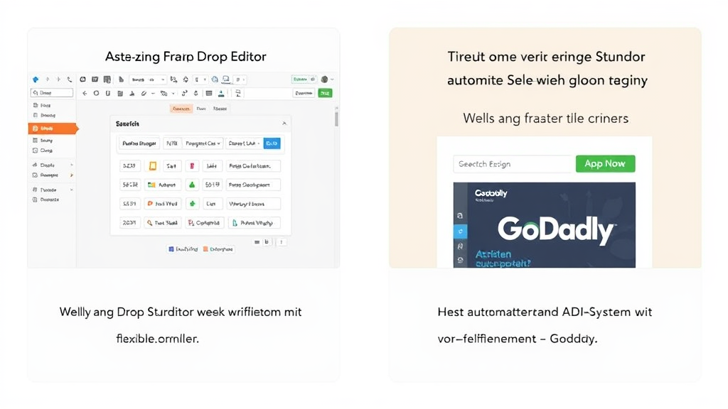 Zwei Bildschirme, einer zeigt den Drag-and-Drop-Editor von Weebly mit flexiblen Anpassungsmöglichkeiten, der andere das automatisierte ADI-System von GoDaddy mit vorgefertigtem Design.