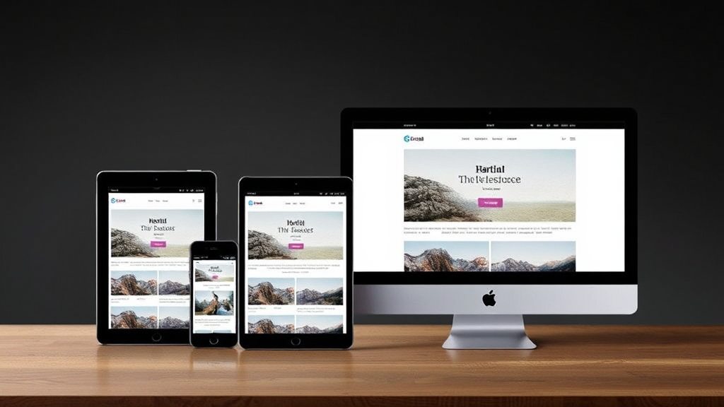 Darstellung eines responsiven WordPress-Themes, das sich an verschiedene Bildschirmgrößen anpasst, inklusive Smartphone, Tablet und Desktop-Ansicht.