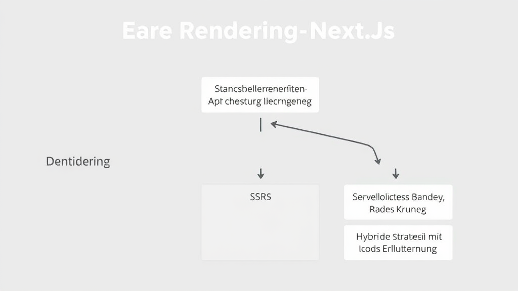 Diagramm, das die Rendering-Methoden von Next.js zeigt: Statische Seitengenerierung (SSG), serverseitiges Rendering (SSR) und hybride Strategien mit Icons und Erläuterungen.
