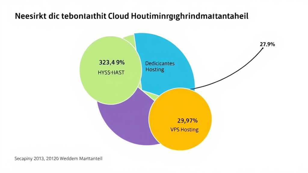 Diagramm zur Verteilung der Marktanteile verschiedener Hosting-Typen: Shared Hosting (37,64%), Dediziertes Hosting (27,9%), VPS-Hosting (10,3%) und Cloud-Hosting mit wachsendem Marktanteil.