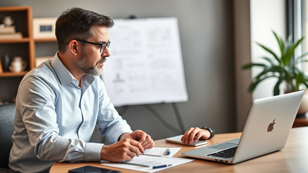 Ein Geschäftsmann diskutiert mit einem professionellen Webentwickler, um maßgeschneiderte Weblösung für die Unternehmenswebsite zu planen, mit Notizen und Laptop.