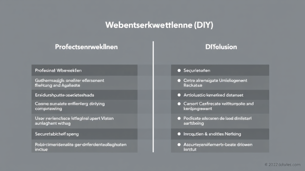 Grafik, die den Vergleich zwischen professionellen Webentwicklern und DIY-Lösungen, einschließlich technischen Anforderungen und Sicherheitsaspekten, visualisiert.