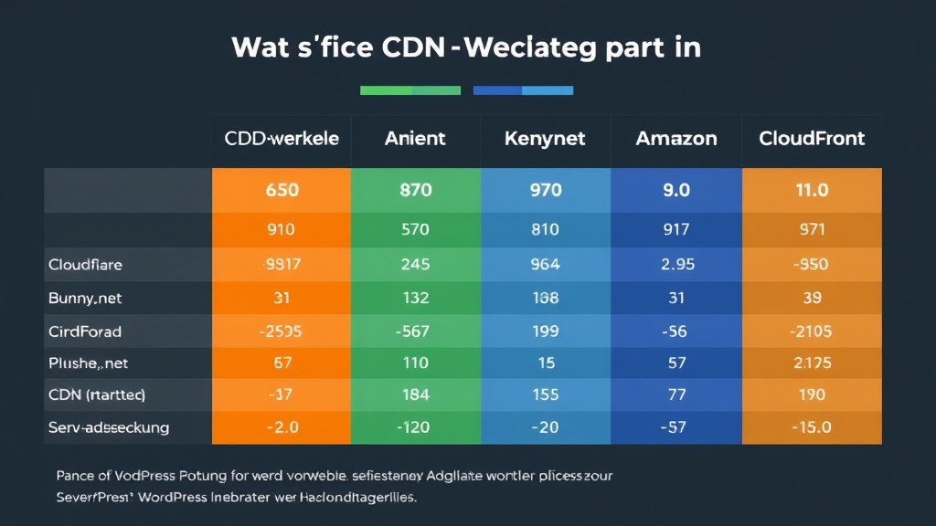 Grafik mit Vergleich von vier CDN-Anbietern (Cloudflare, Bunny.net, KeyCDN, Amazon CloudFront) zeigt ihre Hauptmerkmale, Preise und globale Serverabdeckung für WordPress-Websites.